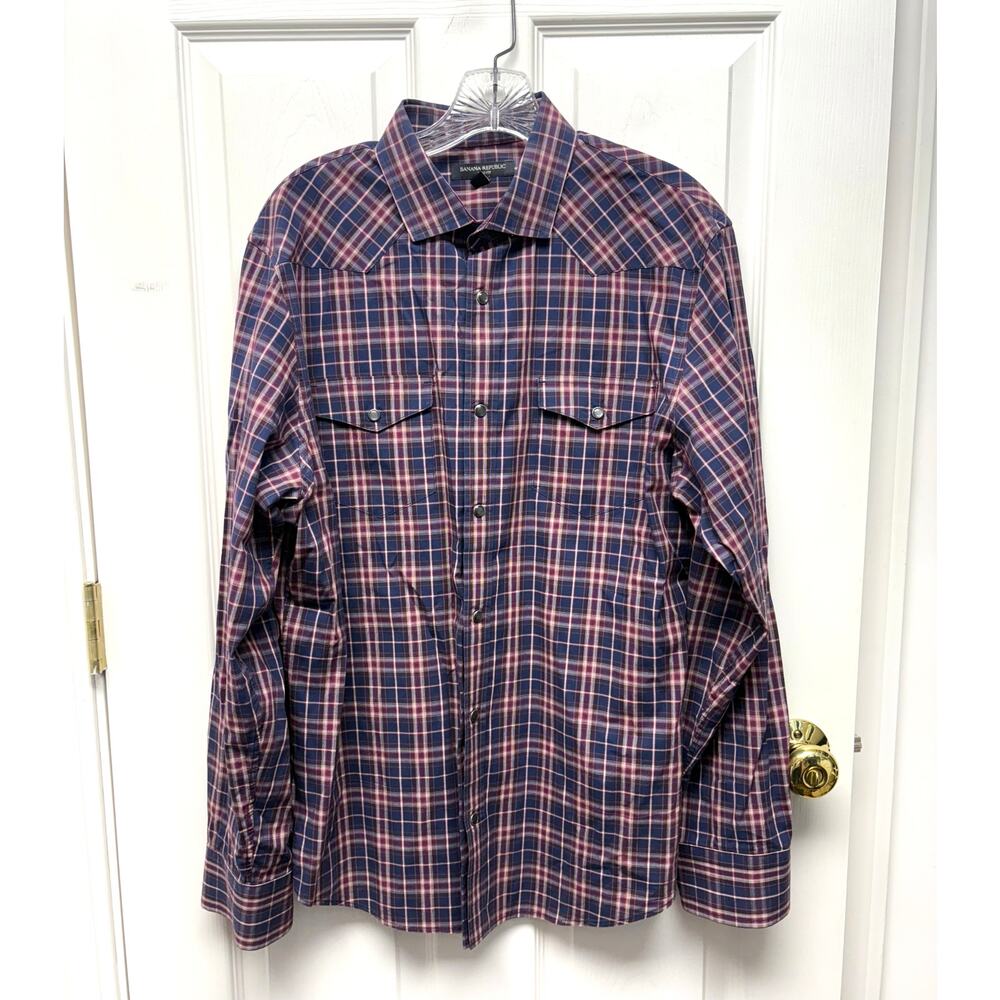 Banana Republic Shirt Western Snap Button Down Red Blue Plaid Slim Mens Size L
